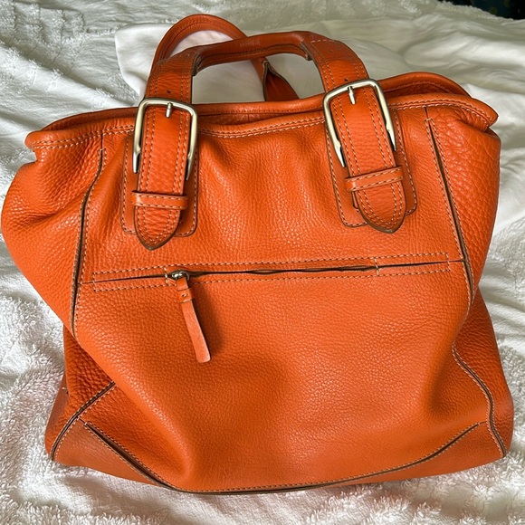 Large leather Cole Haan orange shoulder bag with silver hardware buckles. - Picture 2 of 16